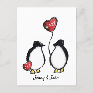 Cartão Postal De Festividades Casamento com pinguins Salve a data