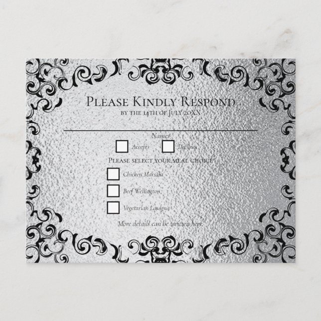 Cartão Postal De Festividades Casamento Gótico de Silver e Black Swirl (Frente)