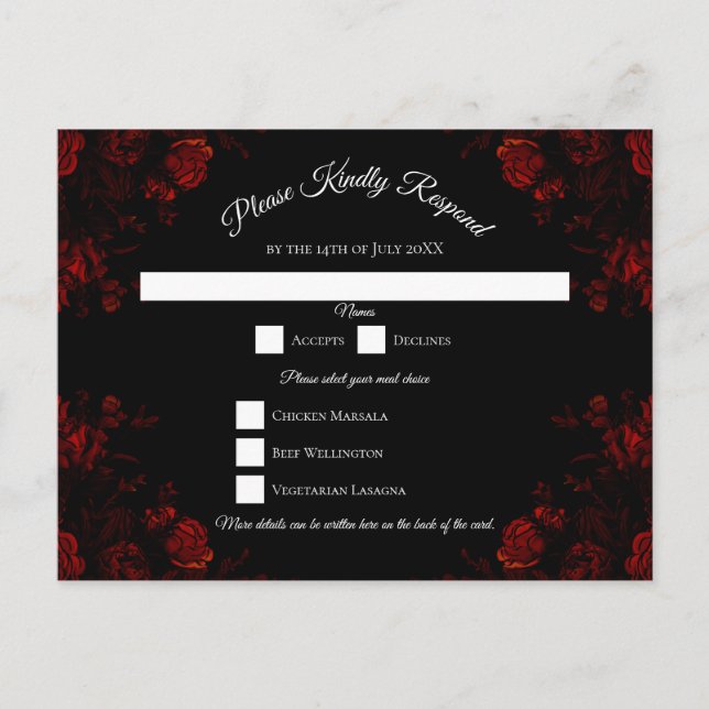 Cartão Postal De Festividades Casamento Gótico Elegante Floral Vermelho Profundo (Frente)