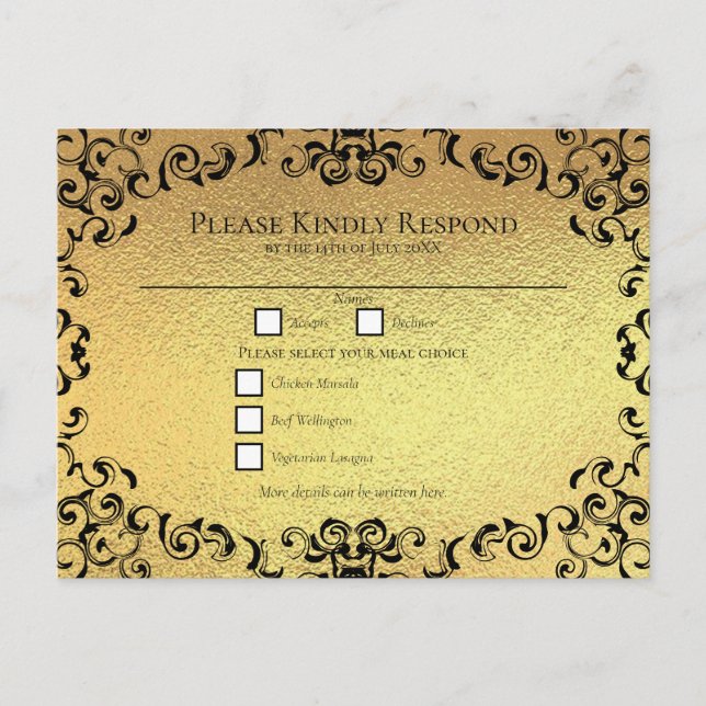 Cartão Postal De Festividades Casamento Gótico Redemoinho Elegante Preto Dourado (Frente)