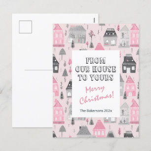 Cartão Postal De Festividades Casas de Vintage no Cartão de Posto de Natal Rosa