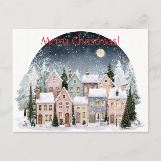 Cartão Postal De Festividades Casas escandinavas em uma noite de inverno, Feliz 