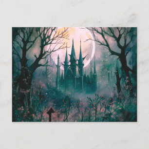 Cartão Postal De Festividades Castelo Gótico Full Moon no Halloween Florestal