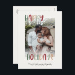 Cartão Postal De Festividades Casual Colorful Happy Holidays Faded Photo<br><div class="desc">This green casual colorful happy holidays faded photo holiday postcard is perfect for your fun, creative, bright greeting. It's unique, playful modern font in red, boho tan, and light and dark green, make for a happy seasonal feel. If your looking to brighten up your loved ones' dark winter with some...</div>