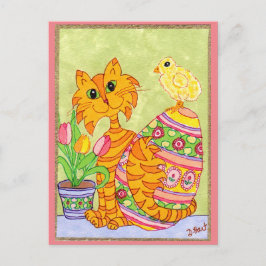 Cartão Postal De Festividades Cat & Chick with Egg & Tulips Folk Art Easter