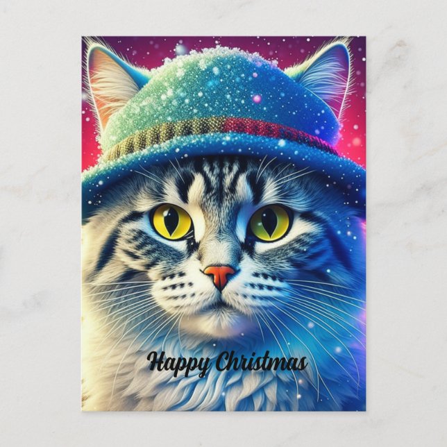 Cartão Postal De Festividades Cat de Natal em um Chapéu - nome editável (Frente)