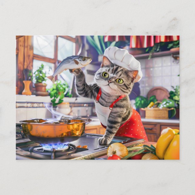 Cartão Postal De Festividades Cat in chef hat cooking with vegetables and fish (Frente)