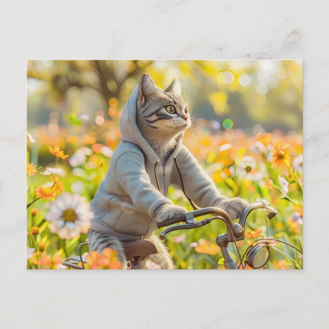Cartão Postal De Festividades Cat in hoodie cycling across summer meadow (Frente)