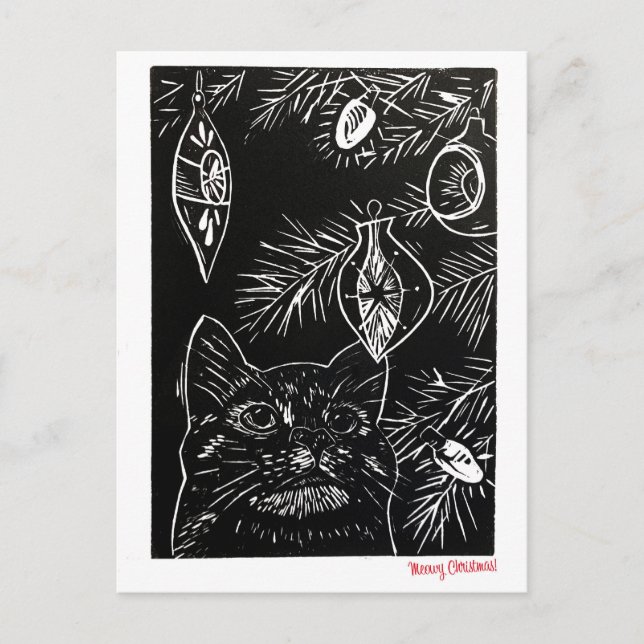 Cartão Postal De Festividades Cat Linocut Christmas Postcard (Frente)