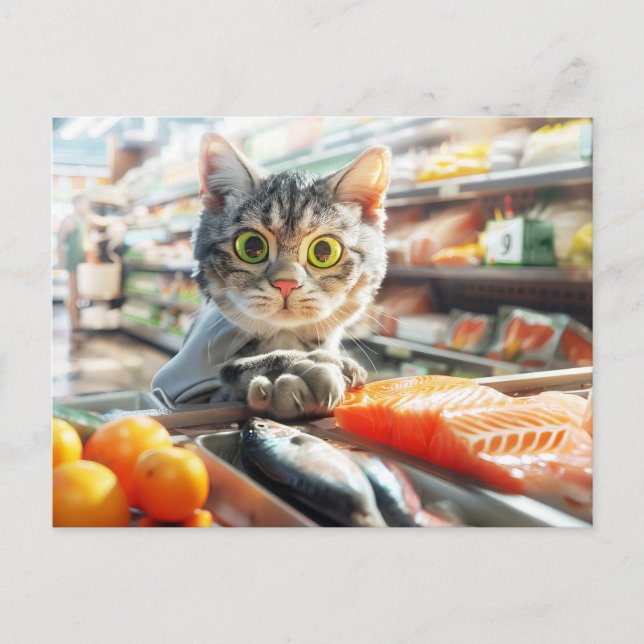 Cartão Postal De Festividades Cat shopping in grocery store with produce (Frente)