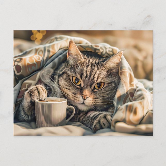 Cartão Postal De Festividades Cat with coffee and book in cozy blanket (Frente)