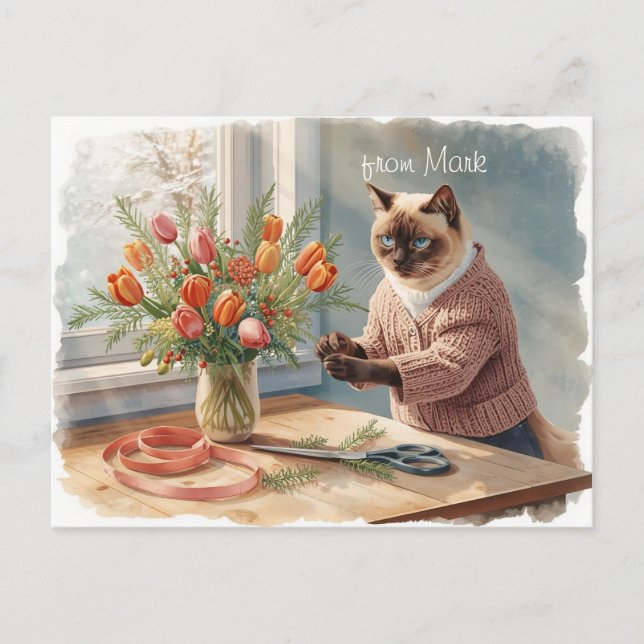 Cartão Postal De Festividades Cat with Flowers  Winter Christmas Collection (Frente)
