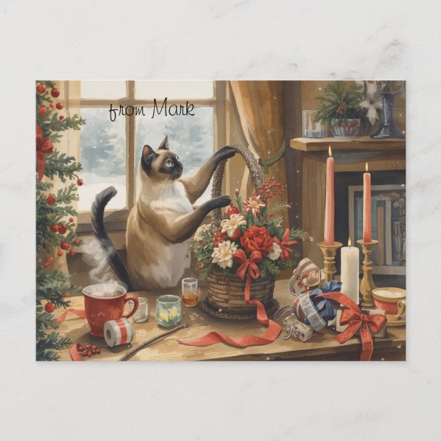 Cartão Postal De Festividades Cat with Flowers  Winter Christmas Collection (Frente)