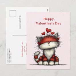 Cartão Postal De Festividades Cat with Red Love Hearts Cute Fun Valentine's Day