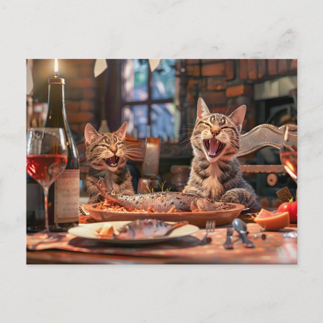 Cartão Postal De Festividades Cats dining on fish with wine indoors (Frente)