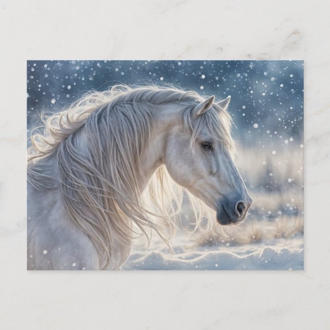 Cartão Postal De Festividades Cavalo Bonito na Neve Cumprimentos de Boas Festas (Frente)