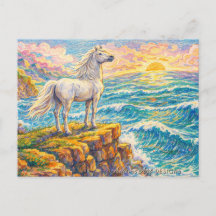 Cavalo Branco Majestoso no Penhasco do Pôr do Sol