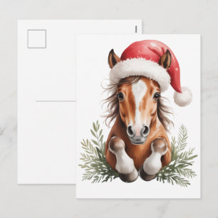 Cartão Postal De Festividades cavalo de natal com chapéu de Papai Noel