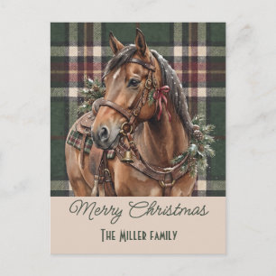 Cartão Postal De Festividades Cavalo em Aquarela Natal Plaid Vintage Personaliza