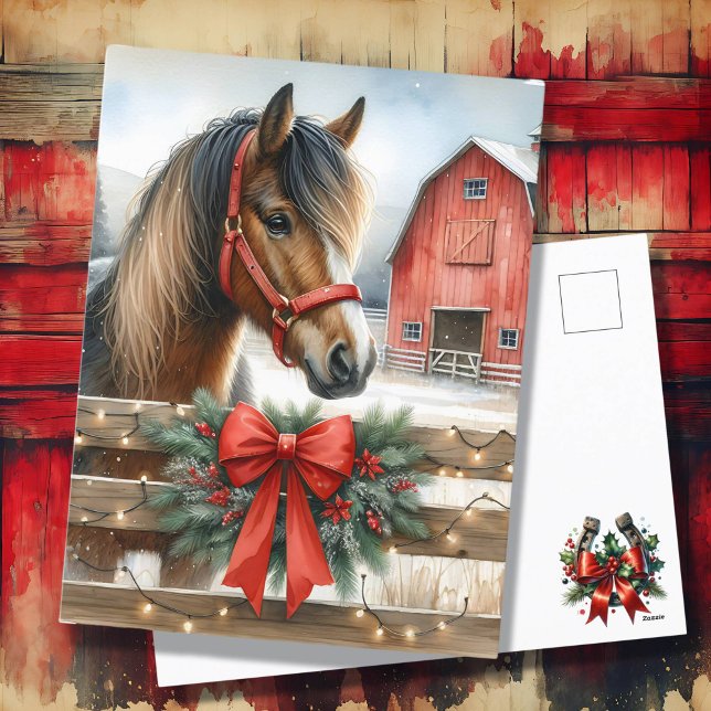 Cartão Postal De Festividades Cavalo Festivo e Natal da Bela Russa Vermelha (Criador carregado)