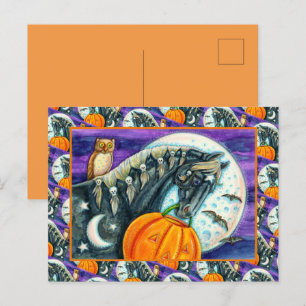 CARTÃO POSTAL DE FESTIVIDADES CAVALO MÁGICO PRETO, OWL, JACK O LANTERN & SKULLS