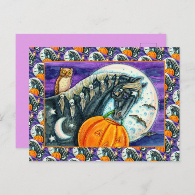 CARTÃO POSTAL DE FESTIVIDADES CAVALO NEGRO, OWL, JACK O LANTERNO HALLOWEEN (Frente/Verso)