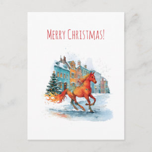 Cartão Postal De Festividades Cavalo vermelho galopando através de um Natal neva