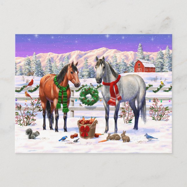 Cartão Postal De Festividades Cavalos de Natal na neve (Frente)