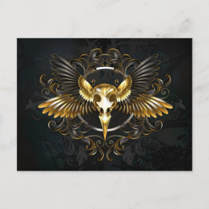 Cartão Postal De Festividades Caveira de Pássaro Dourada em Fundo Preto