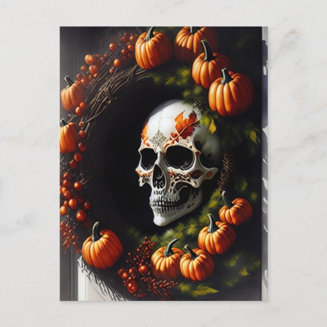 Cartão Postal De Festividades Caveira Spooky e Pumpkin Wreath (Frente)