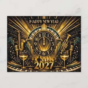Cartão Postal De Festividades Celebração de Ano Novo de Jazz Glamouroso Art Déco