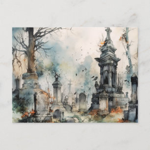 Cartão Postal De Festividades Cemitério Cinza Assustador e Bonito no Halloween