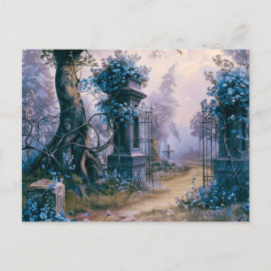 Cartão Postal De Festividades Cemitério Jardim Azul Floral Belo Halloween