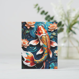 Cartão Postal De Festividades Cena Aquática de Vibrant Koi e Belas Flores