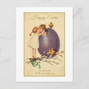 Cartão Postal De Festividades Cena caprichosa de Páscoa vintage com menino e men