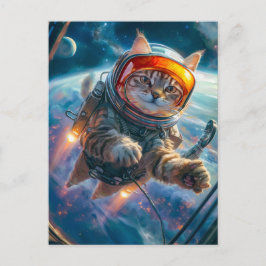 Cartão Postal De Festividades Cena de astronauta gato flutuando no espaço profun