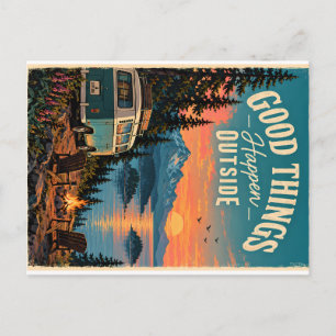 Cartão Postal De Festividades Cena de Aventura de Acampamento Vintage com Van Re
