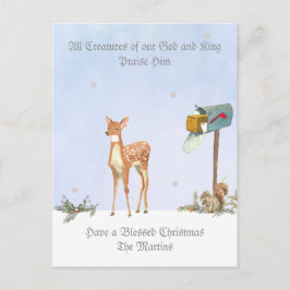 Cartão Postal De Festividades Cena de inverno com Cartão Religioso de Veado