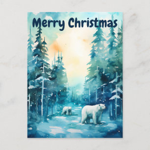Cartão Postal De Festividades Cena de Inverno em Aquarela Natal Polo Norte