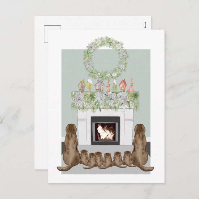 Cartão Postal De Festividades Cena de Lareira da Família Choc Labrador (Frente/Verso)
