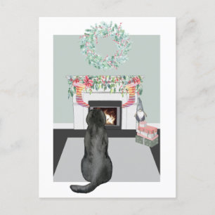Cartão Postal De Festividades Cena de Lareira Negra de Cachorro Negro de Natal