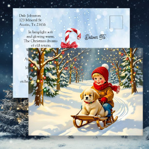 Cartão Postal De Festividades Cena de Natal Antigo, Menino no Trenó com Cachorri