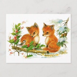 Cartão Postal De Festividades Cena de Natal com Raposa Vintage Fofa