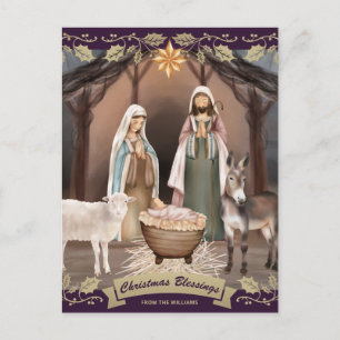 Cartão Postal De Festividades Cena de Natal Roxa Cena de Natal Cristã
