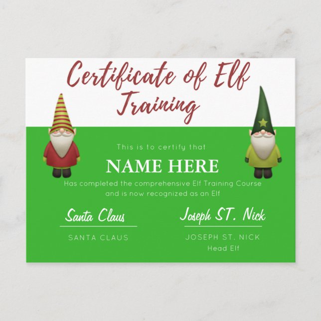 Cartão Postal De Festividades Certificação Elf personalizável (Frente)