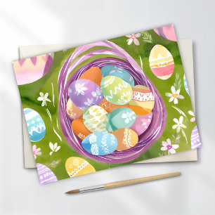 Cartão Postal De Festividades Cesta de Ovos de Páscoa   Aquarela Pastel de Prima