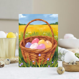 Cartão Postal De Festividades Cesta de Páscoa Caça aos Ovos Aquarela Pastel