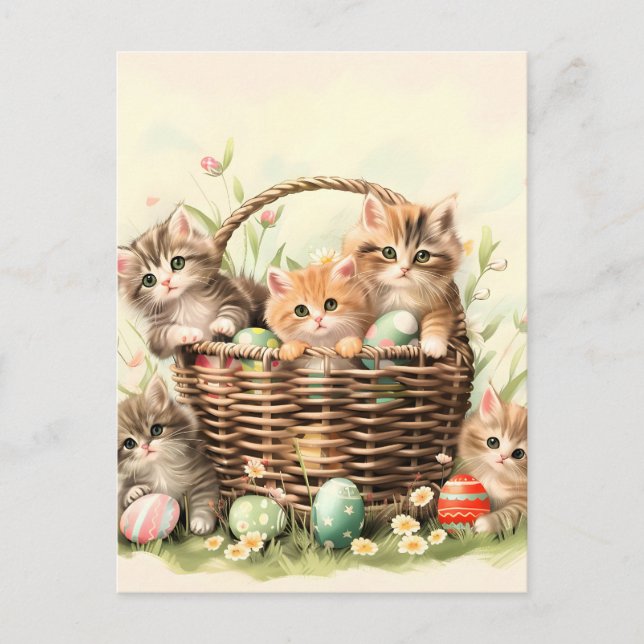 Cartão Postal De Festividades Cesta de Páscoa de Gatinho de Primavera (Frente)