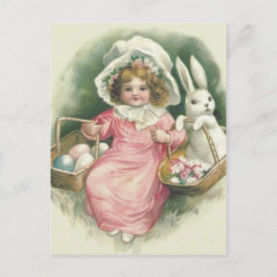 Cartão Postal De Festividades Cesta de Páscoa de Menina Coelho Ovos Coloridos
