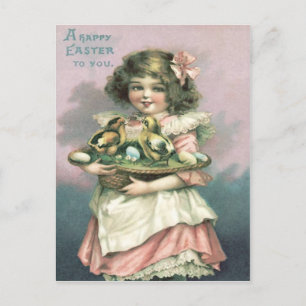 Cartão Postal De Festividades Cesta de Páscoa de Menina Fofa Ovo Colorido Frango